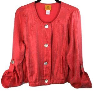 Ruby Rd Shirt Blouse Size 12 Melon 3/4 Roll Tab Sleeves Shimmery Elastic Waist